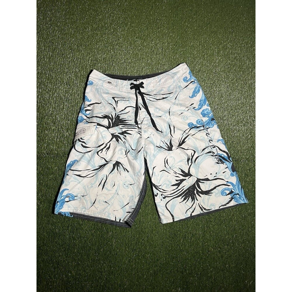 Kirra Vintage Board Shorts Floral White Blue Black Men's 34 Drawstring Pockets